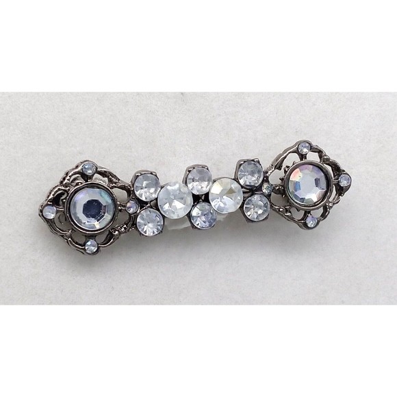 Aurora Borealis Clear Rhinestone Bar Brooch Pin Ornate Gunmetal Tone Vintage - Picture 4 of 12